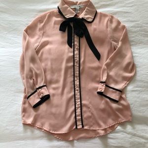 Pink button down blouse with tie